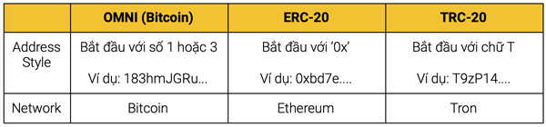 Phân biệt các địa chỉ ví USDT trên các Blockchain