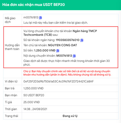 Thông tin đơn hàng mua USDT